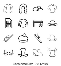 Stylish icons. set of 16 editable outline stylish icons such as hairstyle, hair brush, blouse, woman hat, office desk, hat, sim card