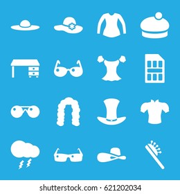 Stylish icons set. set of 16 stylish filled icons such as hairstyle, hair brush, woman hat, blouse, office desk, hat, thunderstorm, sim card
