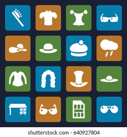 Stylish icons set. set of 16 stylish filled icons such as hairstyle, hair brush, blouse, woman hat, office desk, hat, thunderstorm, sim card
