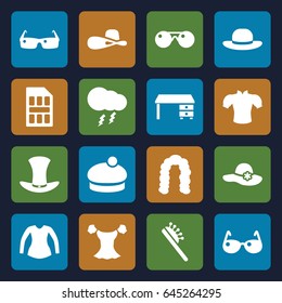 Stylish icons set. set of 16 stylish filled icons such as hairstyle, hair brush, woman hat, blouse, office desk, hat, thunderstorm, sim card