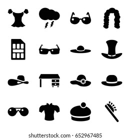 Stylish icons set. set of 16 stylish filled icons such as hairstyle, hair brush, woman hat, blouse, office desk, hat, thunderstorm, sim card