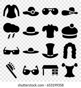 Stylish icons set. set of 16 stylish filled icons such as hairstyle, hair brush, woman hat, blouse, office desk, hat, thunderstorm