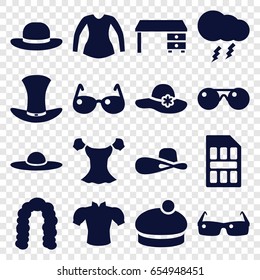 Stylish icons set. set of 16 stylish filled icons such as hairstyle, woman hat, blouse, office desk, hat, thunderstorm, sim card