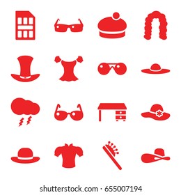 Stylish icons set. set of 16 stylish filled icons such as hairstyle, hair brush, woman hat, blouse, office desk, hat, thunderstorm, sim card