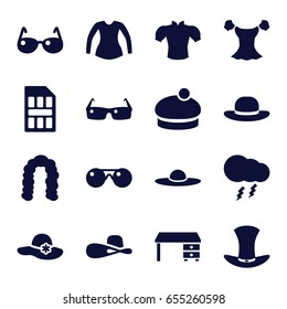 Stylish icons set. set of 16 stylish filled icons such as hairstyle, woman hat, blouse, office desk, hat, thunderstorm, sim card