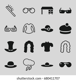 Stylish icons set. set of 16 stylish filled and outline icons such as hairstyle, woman hat, blouse, office desk, hat, sunglasses, hair brush