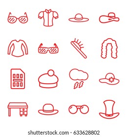 Stylish icons set. set of 16 stylish outline icons such as hairstyle, hair brush, woman hat, blouse, office desk, hat, thunderstorm, sim card