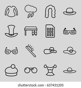 Stylish icons set. set of 16 stylish outline icons such as hairstyle, hair brush, woman hat, blouse, office desk, hat, thunderstorm, sim card