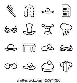 Stylish icons set. set of 16 stylish outline icons such as hairstyle, hair brush, woman hat, blouse, office desk, hat, thunderstorm, sim card
