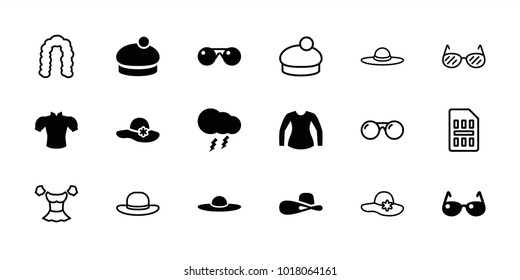 Stylish icons. set of 18 editable filled and outline stylish icons: woman hat, blouse, thunderstorm, sunglasses, hairstyle
