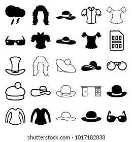 Stylish icons. set of 25 editable filled and outline stylish icons such as blouse, woman hat, thunderstorm, sunglasses, hat, sim card, hairstyle
