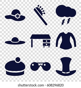 Stylish icons set. set of 9 stylish filled icons such as hair brush, woman hat, blouse, office desk, hat, thunderstorm
