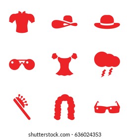 Stylish icons set. set of 9 stylish filled icons such as hairstyle, hair brush, blouse, woman hat, thunderstorm