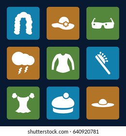 Stylish icons set. set of 9 stylish filled icons such as hairstyle, hair brush, woman hat, blouse, thunderstorm