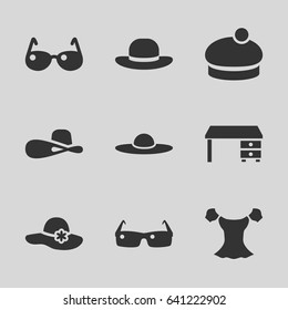 Stylish icons set. set of 9 stylish filled icons such as woman hat, blouse, office desk