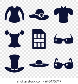 Stylish icons set. set of 9 stylish filled icons such as woman hat, blouse, hat, sim card