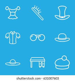 Stylish icons set. set of 9 stylish outline icons such as hair brush, blouse, woman hat, office desk, hat