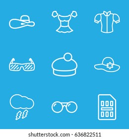 Stylish icons set. set of 9 stylish outline icons such as woman hat, blouse, thunderstorm, sim card