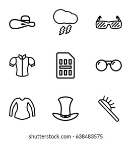 Stylish icons set. set of 9 stylish outline icons such as hair brush, blouse, woman hat, hat, thunderstorm, sim card