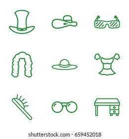 Stylish icons set. set of 9 stylish outline icons such as hairstyle, hair brush, blouse, woman hat, office desk, hat
