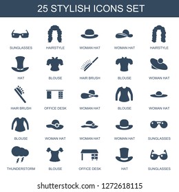 stylish icons. Trendy 25 stylish icons. Contain icons such as sunglasses, hairstyle, woman hat, hat, blouse, hair brush, office desk, thunderstorm. stylish icon for web and mobile.