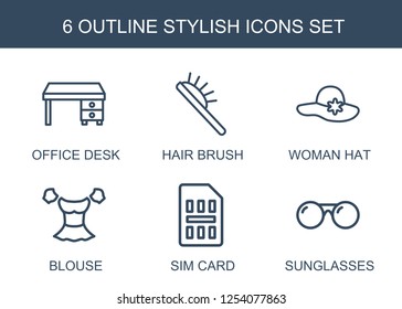 stylish icons. Trendy 6 stylish icons. Contain icons such as office desk, hair brush, woman hat, blouse, sim card, sunglasses. stylish icon for web and mobile.