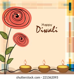 Stylish illuminated oil lit lamps with flowers design and text of Diwali for Diwali celebration on stylish background.