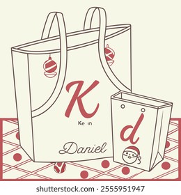 Stylish Illustrated Tote Bags with Personalized Lettering and Festive Accents