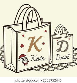 Stylish Illustrated Tote Bags with Personalized Lettering and Festive Accents