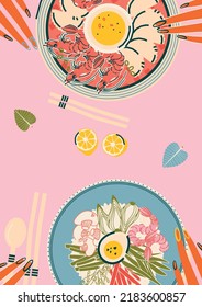 Stylish Illustration, Asian Food Poster. Bibimbap. Dumplings. Shrimp. Lunch People. Vector Design, Postcard, Print. 