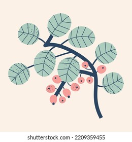 Stylish illustration with a branch with berries. Cute botanical vector card, print, design. 