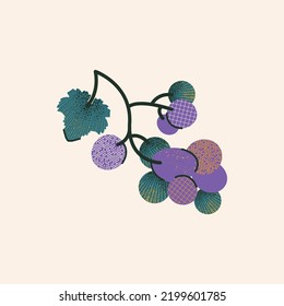 Stylish illustration with a bunch of purple grapes with la leaf on light background. Colorful card, print, design in vector. 