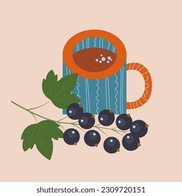 Stylish illustration, card, design, breakfast print. Coffee, black currant berries. EPS 10 Vector