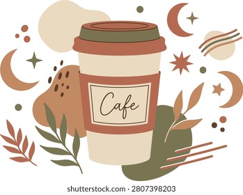 A stylish illustration of a coffee cup surrounded by celestial and natural elements in an earthy color palette