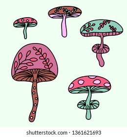 Stylish illustration with color mushrooms. Lovely childish card in spring colors. Greeting card, poster, banner illustration. Isolated scandinavian cartoon illustration.