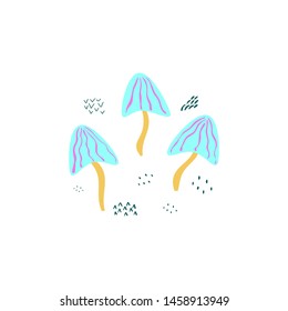 Stylish illustration with color mushrooms. Lovely childish card in spring colors. Greeting card, poster, banner illustration. Isolated scandinavian cartoon illustration.