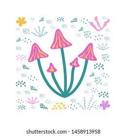 Stylish illustration with color mushrooms. Lovely childish card in spring colors. Greeting card, poster, banner illustration. Isolated scandinavian cartoon illustration.