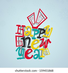 Stylish illustration of colorful text Happy New Year in a shape of gift box on blue background, can be use as flyer, poster or banner. 