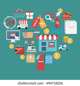 Stylish illustration concept with icons of retail commerce and marketing elements such as promotion, coupon, discount with various shopping and money economy sign and symbols in heart shape.