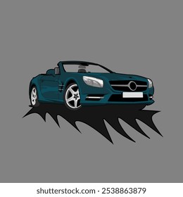 Ilustración elegante de un coche deportivo convertible en verde azulado en un fondo gris minimalista. El diseño destaca el lujo moderno, la velocidad y la elegancia automotriz, perfecto para los entusiastas y los creadores