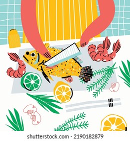 Stylish illustration of the cooking process. Dining table, fish, shrimp, lemons, mushrooms, herbs. Hands chopping food. Vector card, print, design 