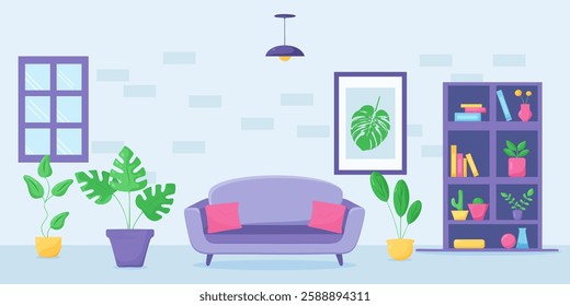 Stylish illustration of cozy living room with sofa, bookshelves, indoor plants, and decorative elements. Perfect modern interior design concept. Vector art.