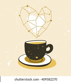 Stylish illustration with cup of tea or coffee.  Hipster poster design. Vector background with space cup and aroma star heart.