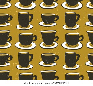 Stylish illustration with cups of coffee. Vector seamless pattern. Hipster design. 