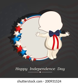 Stylish illustration of a cute little baby with extended arms on grey background for Happy Independence Day celebrations. 