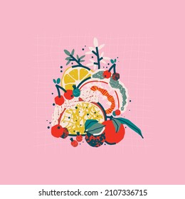 Stylish illustration with a dessert of cakes, berries, fruits. Lemon, cherry, apple, rosehip. Vector card, print, design. 