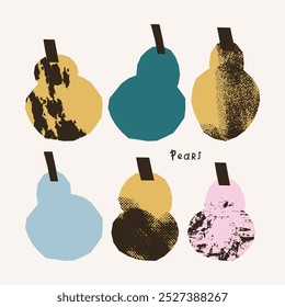Stylish illustration with different textured pears. Vector print with fruits, postcard, design. Set, collection