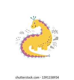 Stylish illustration with dinosaur. lovely childish card in spring colors. greeting card,poster,banner illustration. isolated scandinavian cartoon illustration.