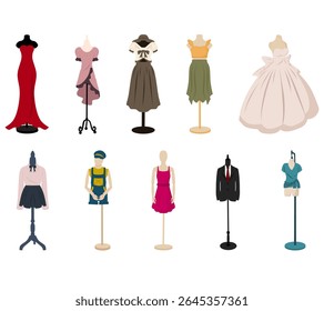 Ilustração elegante de manequins de moda em vários projetos de roupas, ideal para sinalização boutique, exibições de lojas de moda e decoração de varejo.