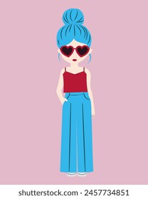 Stylish illustration of a girl in pants, a T-shirt and sunglasses.